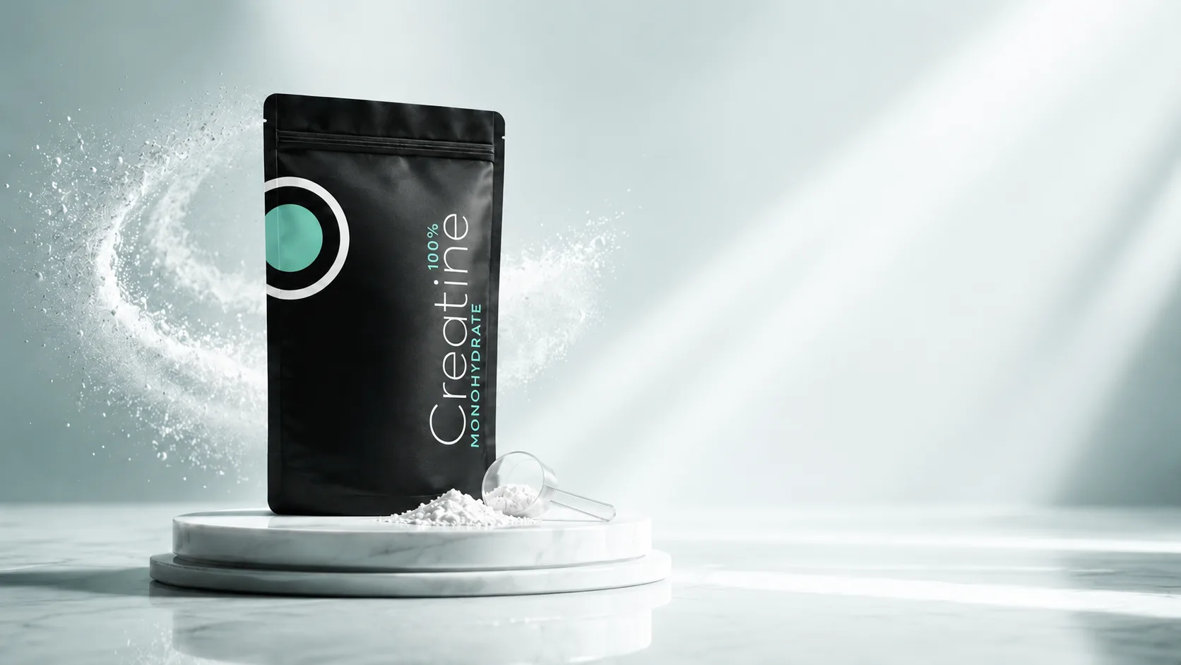 Muscle Miracle 100% creatine monohydrate pouch on a marble pedestal with scoop and powder