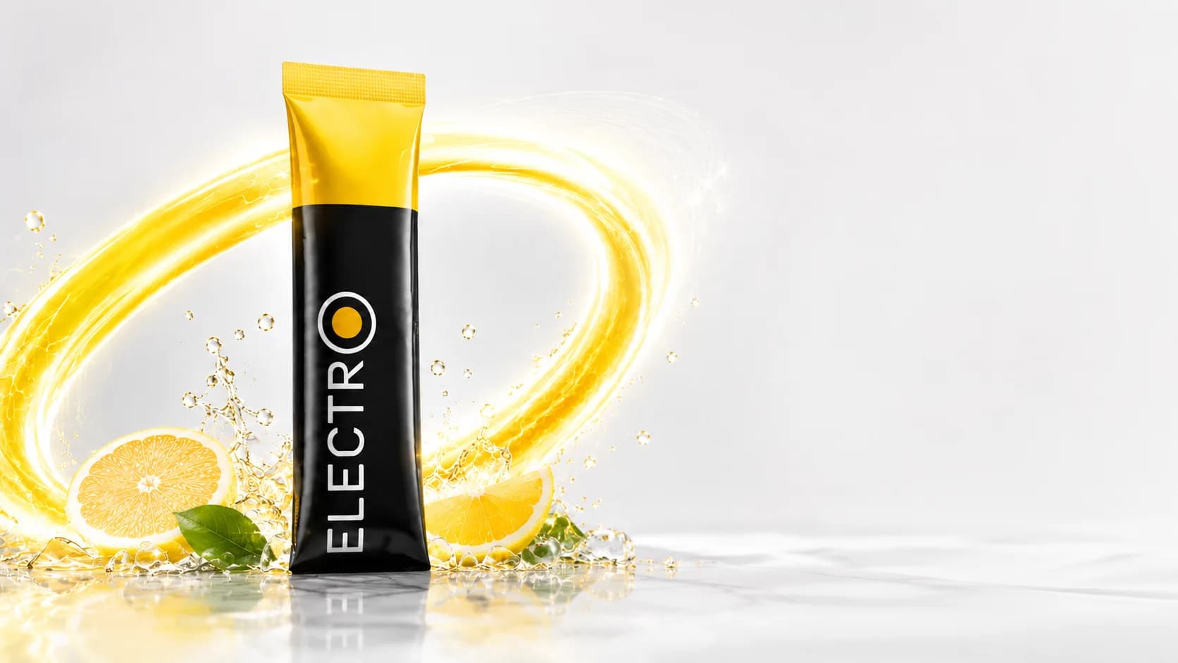 Electrolytes Citrus sachet with a golden lemon swirl, citrus slices and splash on a glossy pedestal