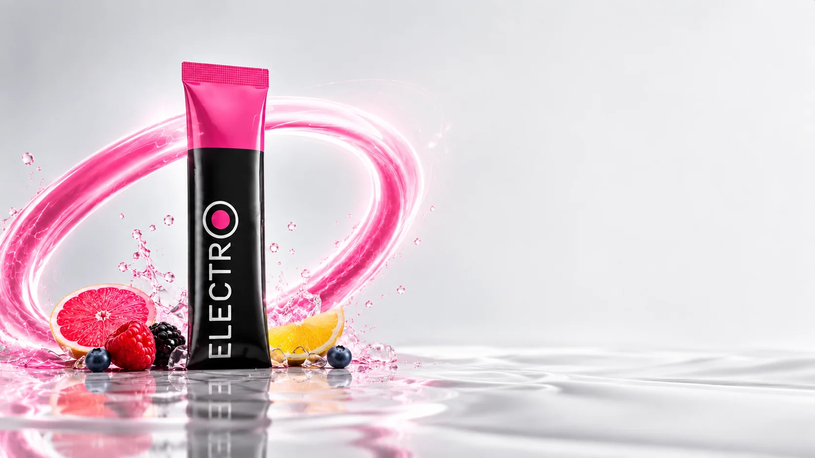 Electrolytes Berry sachet with a pink splash arc, grapefruit, lemon, berries and ice on a glossy pedestal