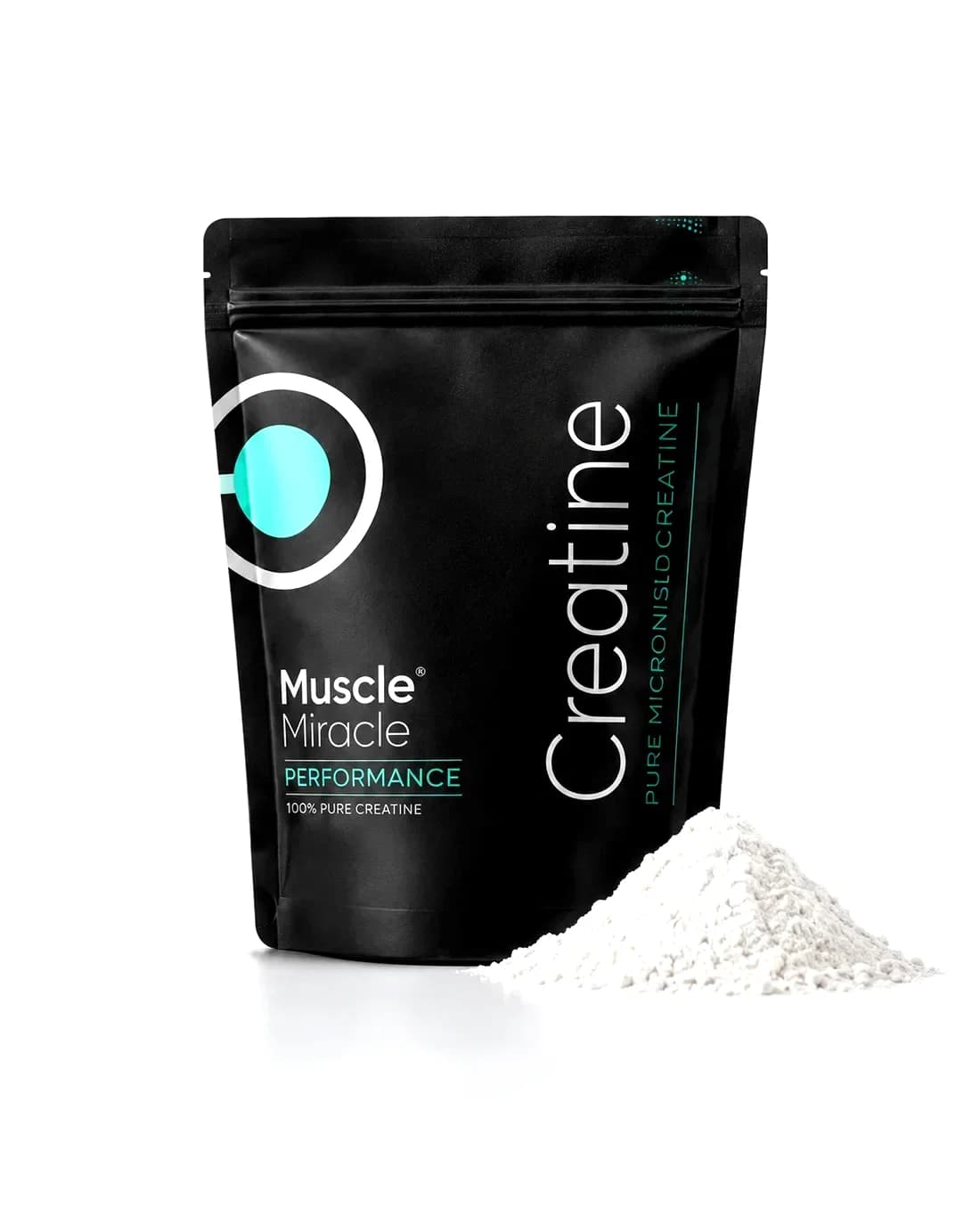 Muscle Miracle Creatine pouch beside a small mound of pure white creatine powder
