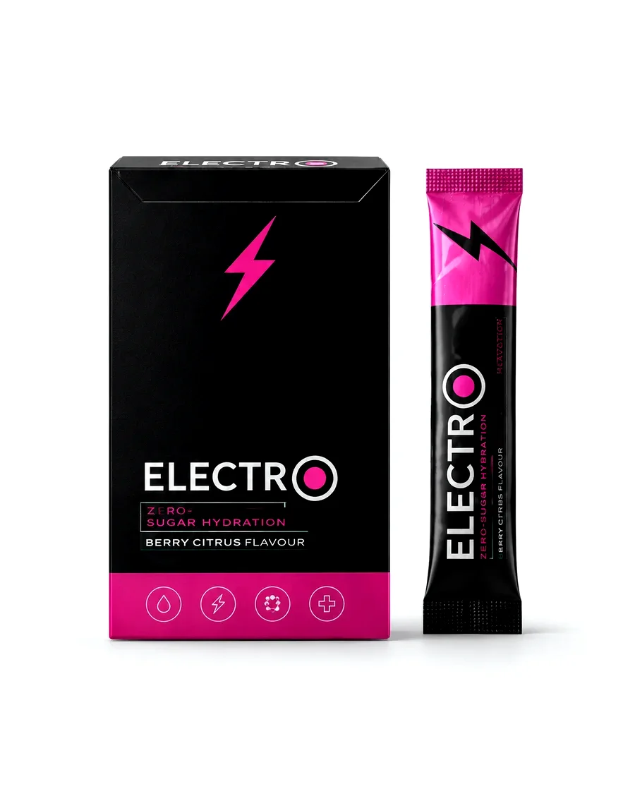 Electrolytes zero-sugar hydration — box of 30 sticks beside a single berry-citrus stick